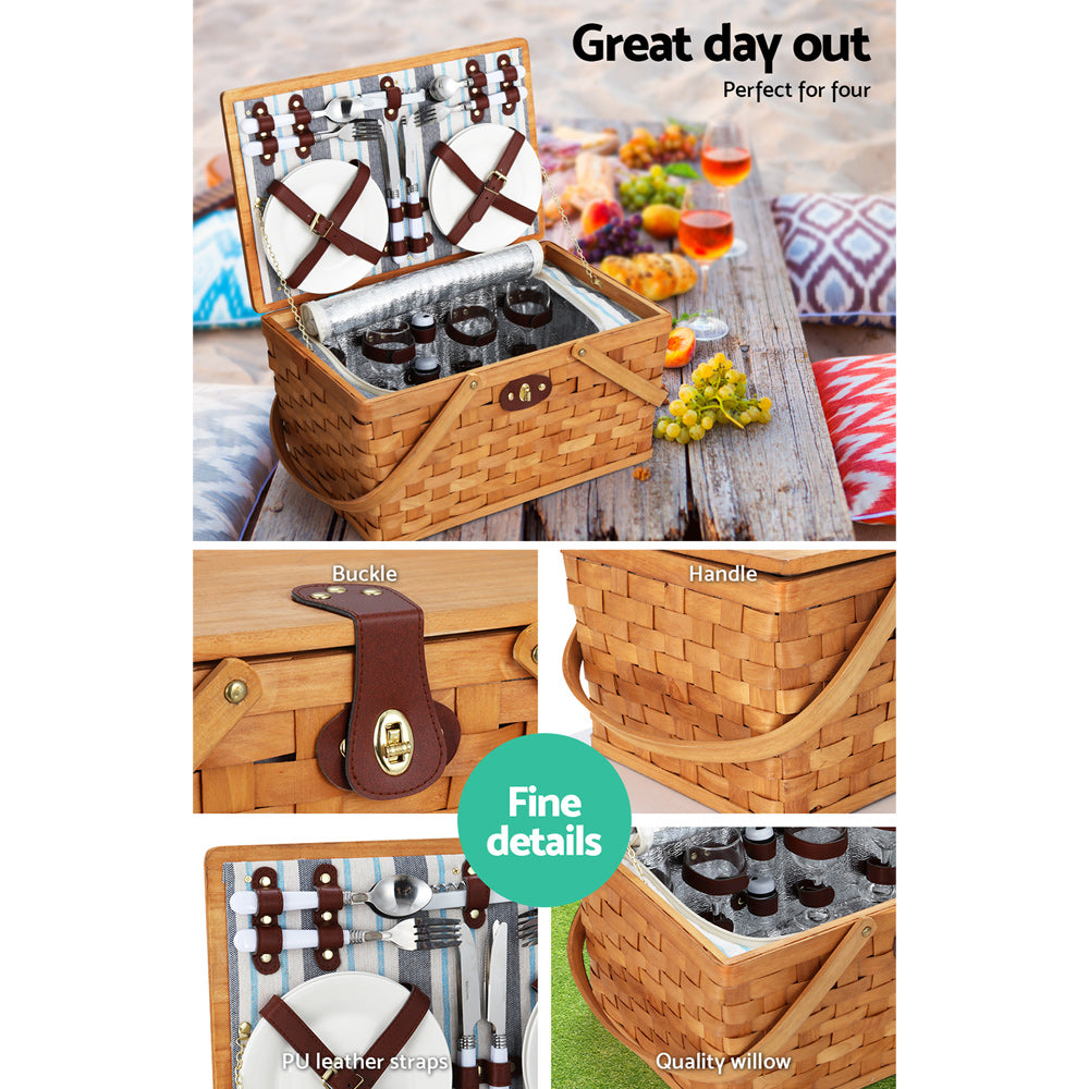 Wood Weave Insulated Picnic Basket Set (4 Person)