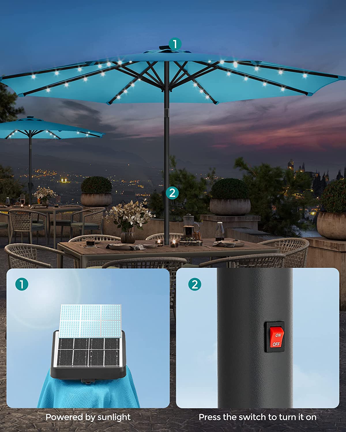 Solar Patio Umbrella (2.7M) - Aqua